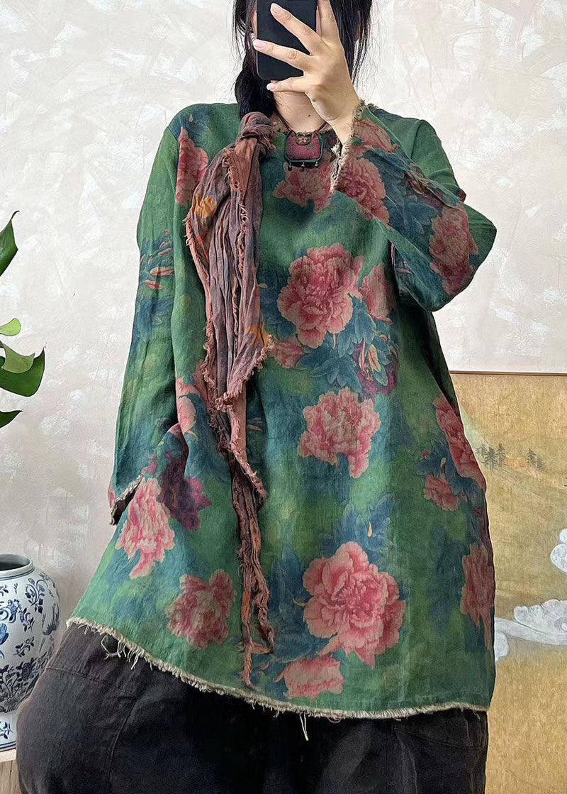 Loose Green O Neck Print Linen Top Long Sleeve