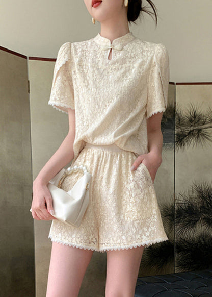 Jacquard Beige Stand Collar Lace Patchwork Chiffon Shirts and Shorts Two Pieces Set Summer