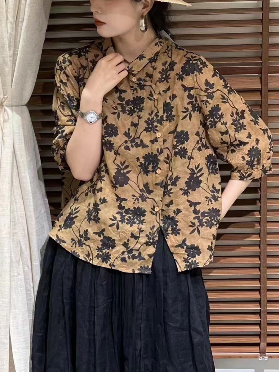 Summer Flower Slant Button-up Ramie Shirt