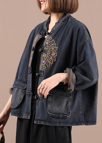 Black Button Embroidered Pockets Fall Denim Jackets