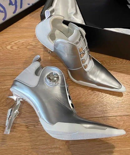 Style Silver Splicing High Heel Boots Pointed Toe