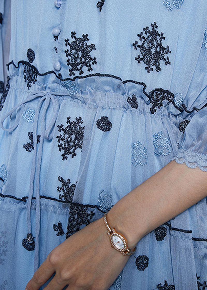 Sea Blue Embroidered Silk Cinched Dress Summer