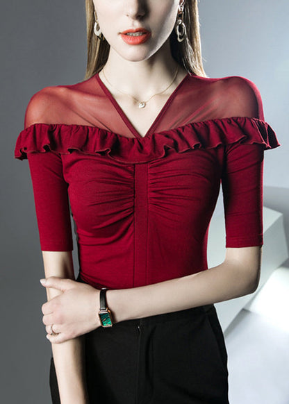 Italian White V Neck Ruffled Patchwork Tulle Top Summer