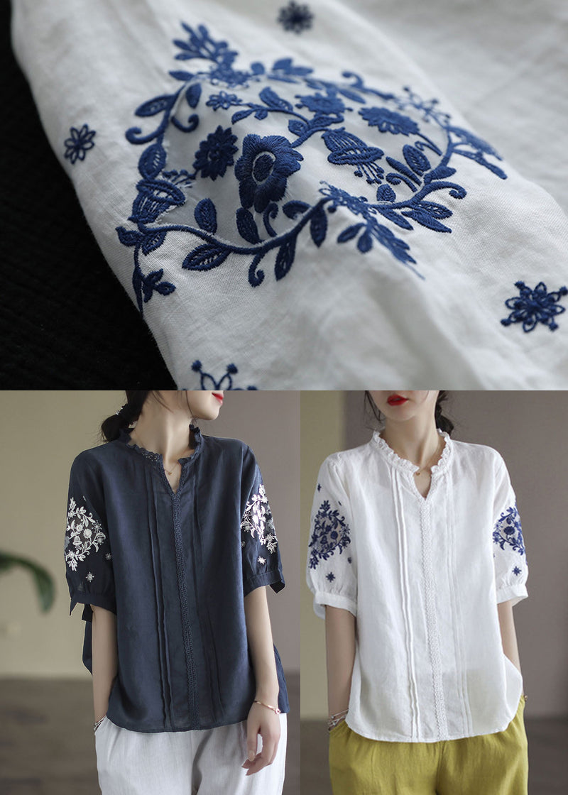 White V Neck Lace Patchwork Linen Shirt Top Short Sleeve