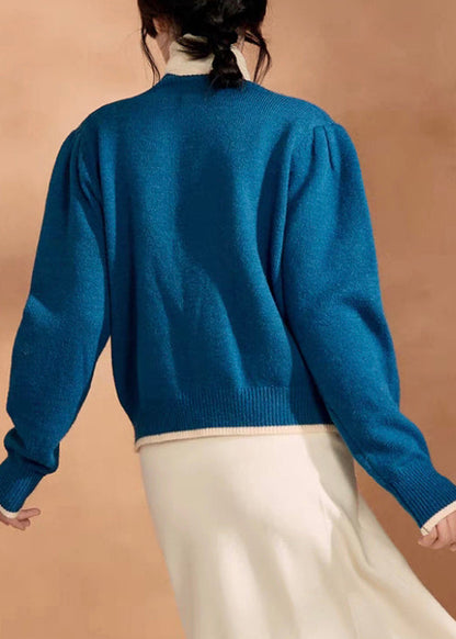 Blue V Neck Knit Short Sweater Winter