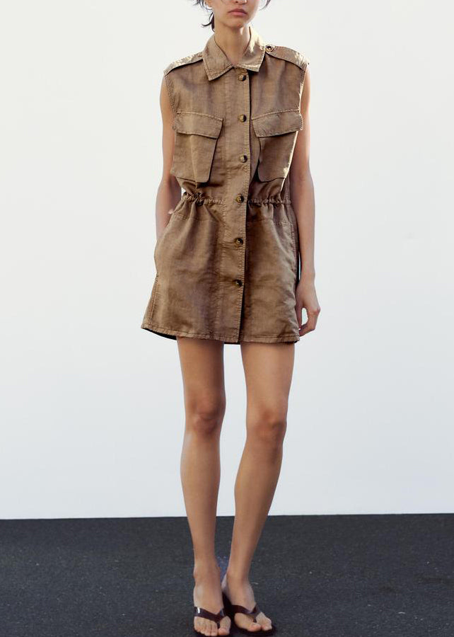 Tan Peter Pan Collar Button Cotton Mid Dress Sleeveless