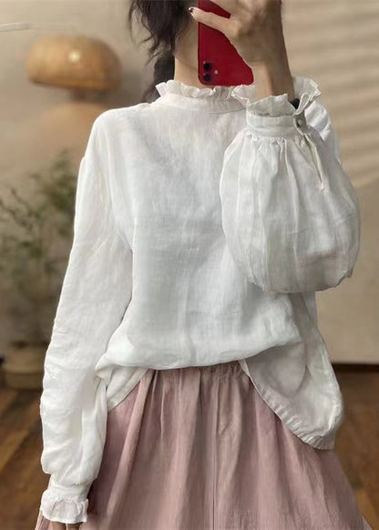 Red Ruffled Linen Blouses Lantern Sleeve