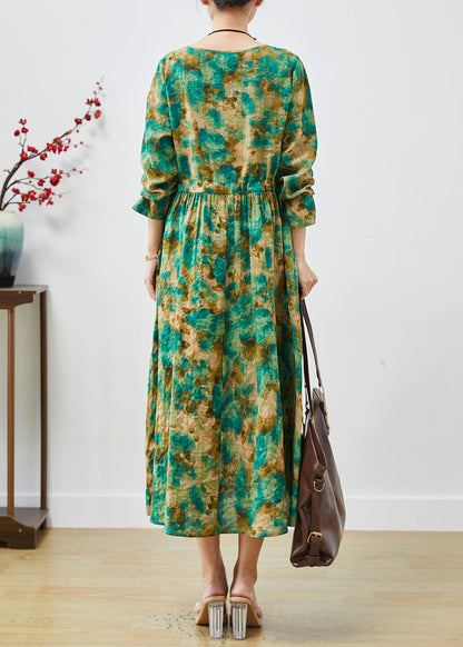 Green Cinched Print Cotton Long Dress Spring