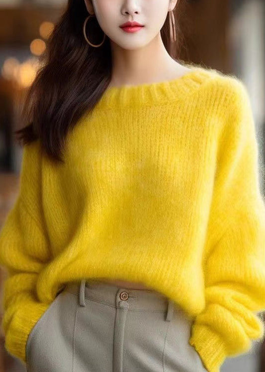 Simple Yellow O Neck Knit Sweater Winter