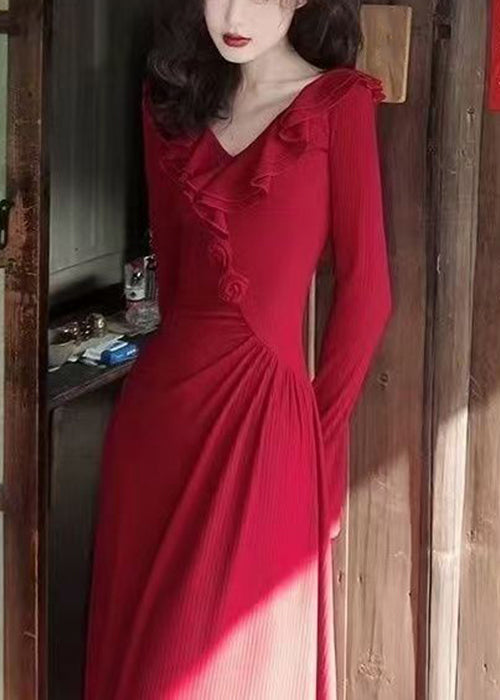 Slim Fit Red V Neck Cotton Long Dress Spring
