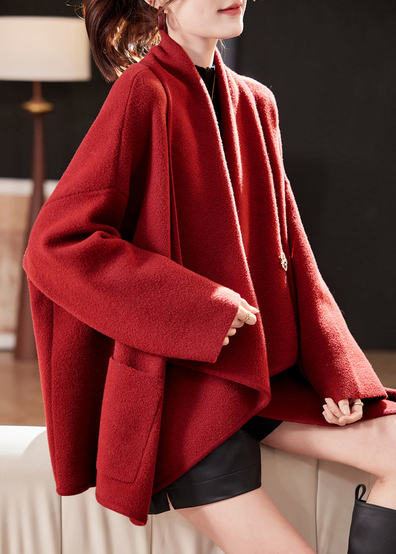 Red Peter Pan Collar Pockets Woolen Cardigans Coat Spring
