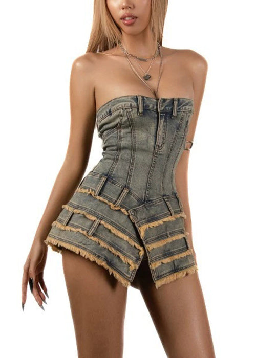 French Asymmetrical Strapless Denim Mini Dresses Sleeveless