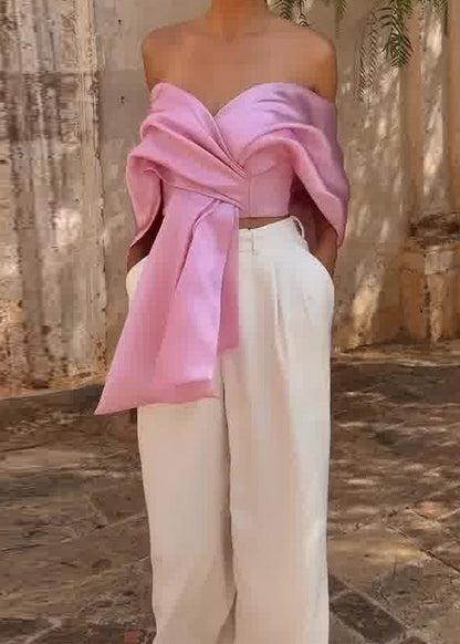 Stylish Pink Cold Shoulder Asymmetrical Silk Top Summer