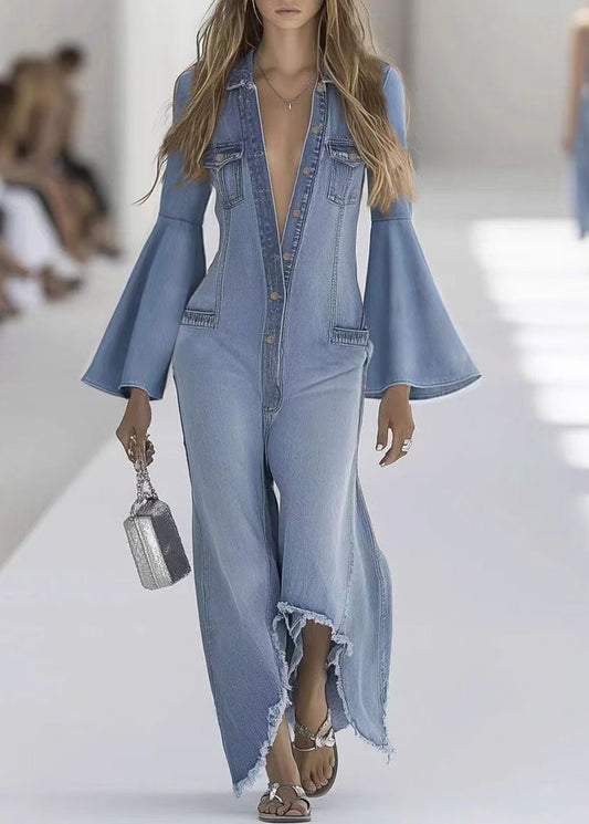 Stylish Light Blue Button Denim Jumpsuit Flare Sleeve
