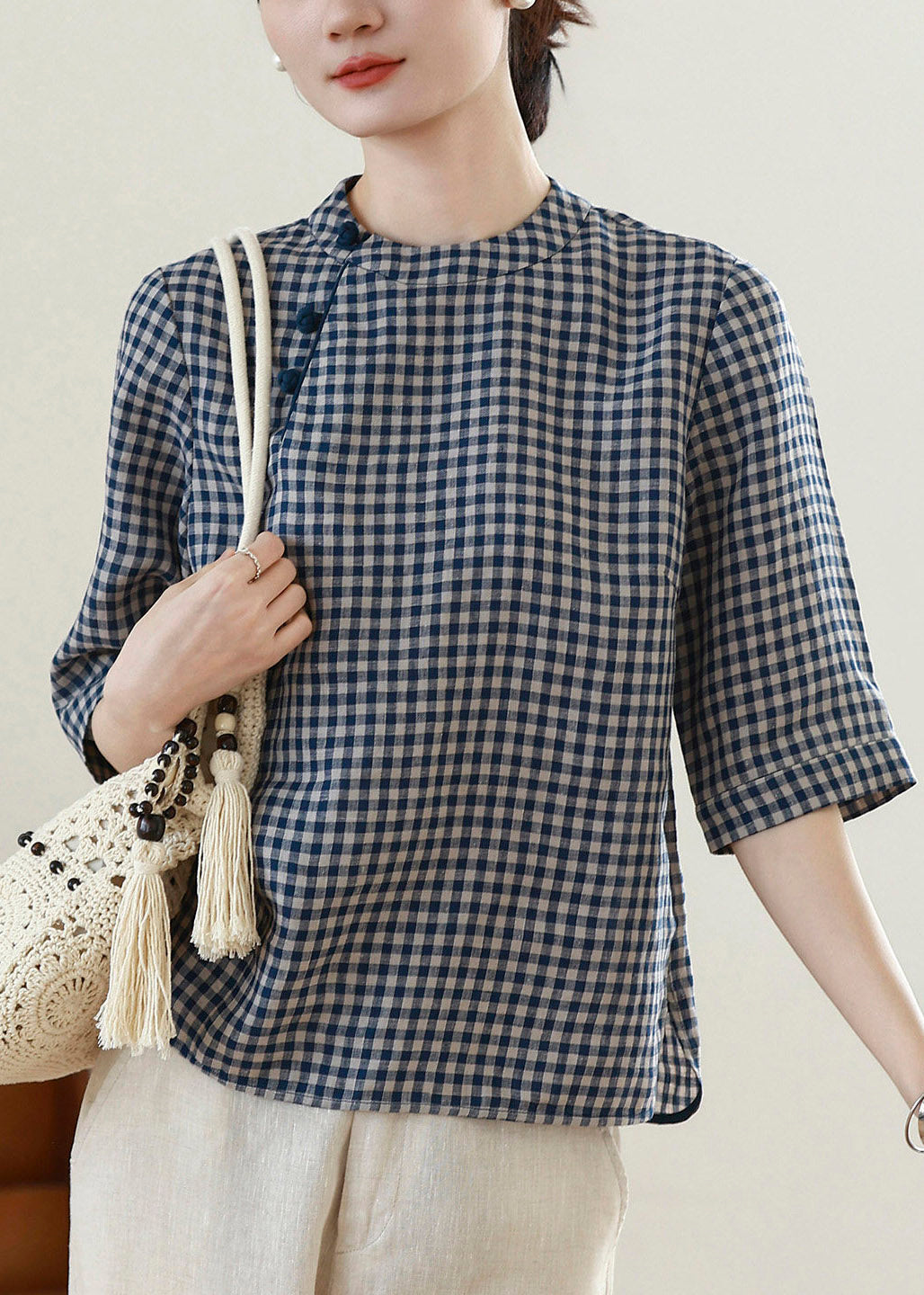 Plaid O-neck Top Short Sleeve