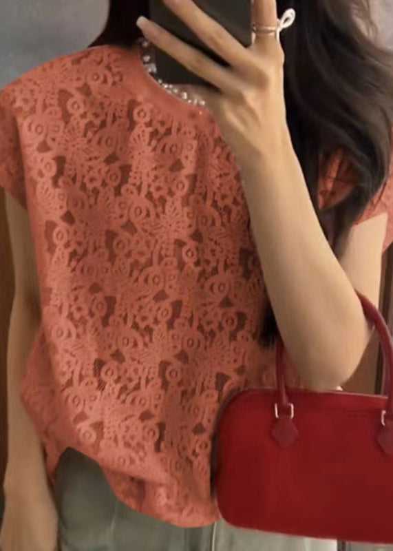 Orange O Neck Hollow Out Lace T Shirt Summer