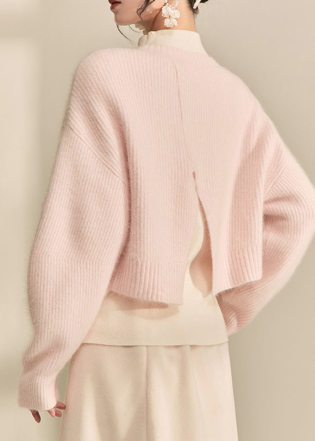Pink O-neck Nail Bead Cotton Knit Short Sweater Spring