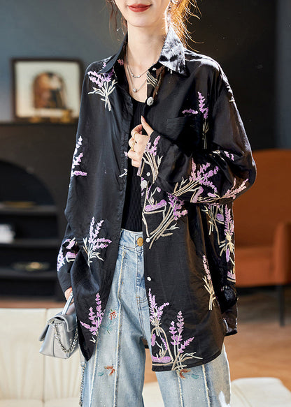 Black Peter Pan Collar Embroidered Silk Shirt Top Long Sleeve