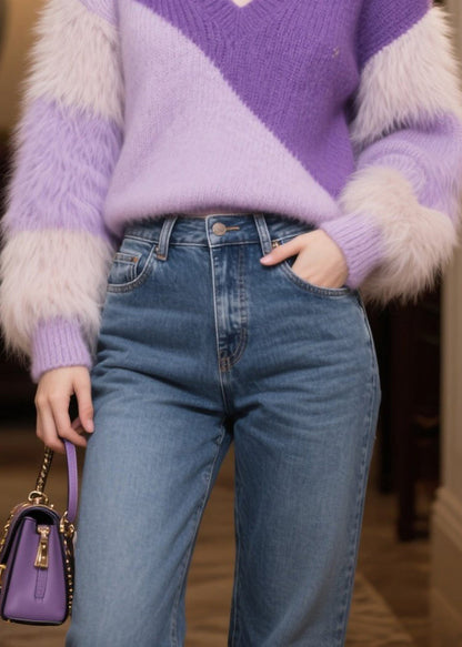 Purple V Neck Patchwork Faux Fur Short Sweater Winter