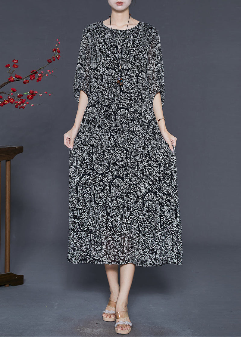 Black Tie Waist Print Chiffon Dress Summer