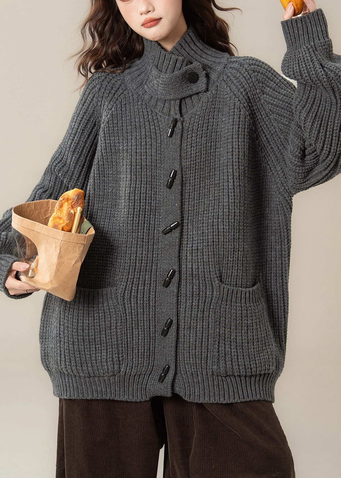 Grey Stand Collar Thick Cotton Knit Cardigans Winter