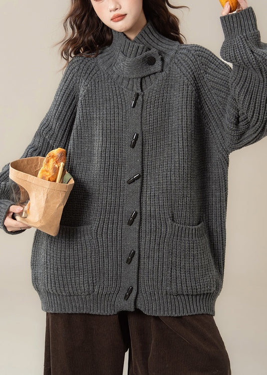 Grey Stand Collar Thick Cotton Knit Cardigans Winter