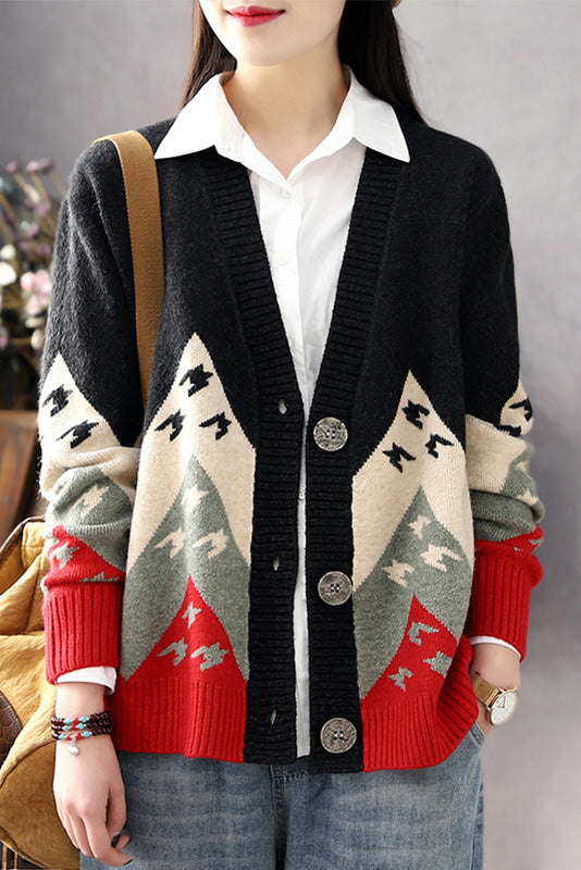 Contrast Color Loose Coat Knitted Cardigan