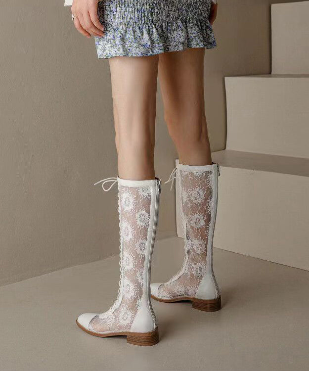 White Hollow Out Lace Up Chunky Boots