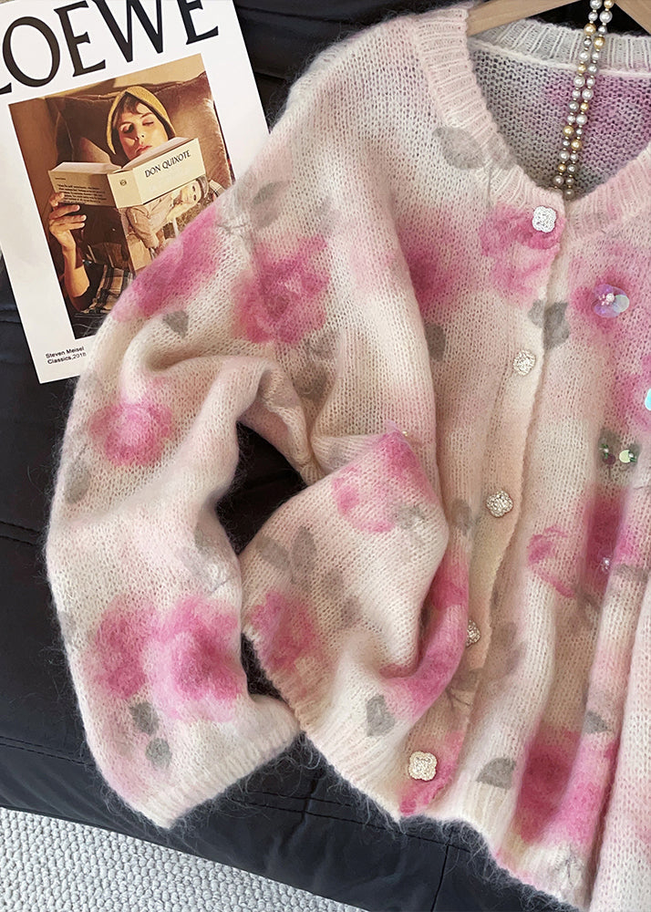 Art Pink Sequins Print Knit Cardigan Fall