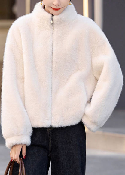 Yellow Stand Collar Zip Up Faux Fur Short Coats Winter