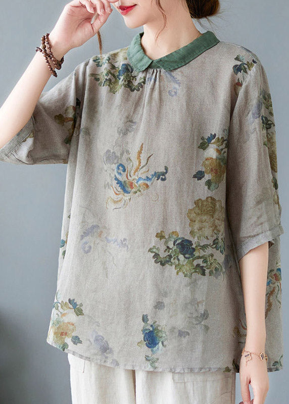 Greyish Green Peter Pan Collar Button Shirts Half Sleeve