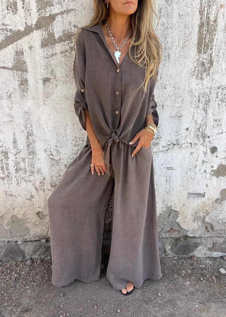 Loose Khaki Tops and Pants Cotton 2 Piece Outfit Fall