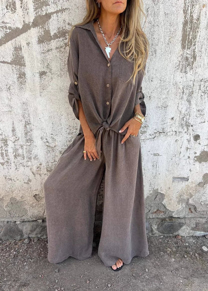 Loose Khaki Tops and Pants Cotton 2 Piece Outfit Fall