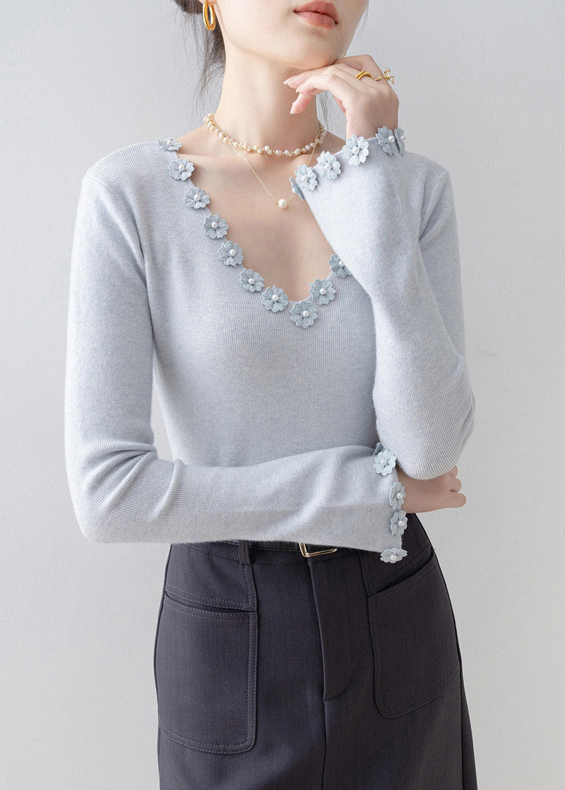 Italian Light Blue V Neck Knit Sweater Flare Sleeve