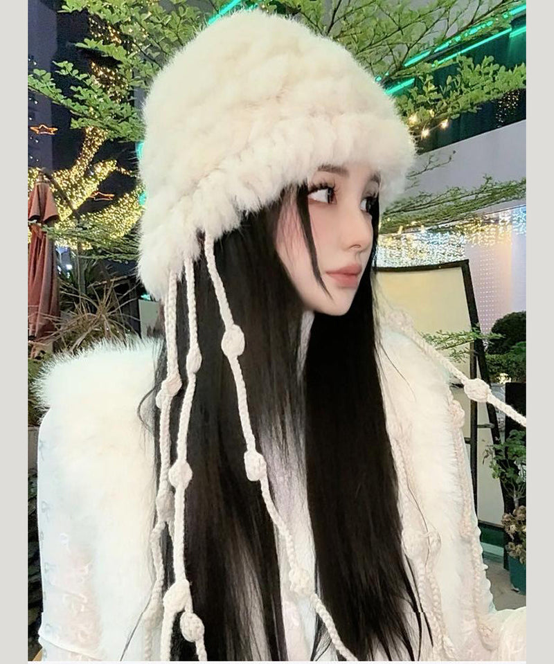 White Tassel Rabbit Wool Knit Bonnie Hat