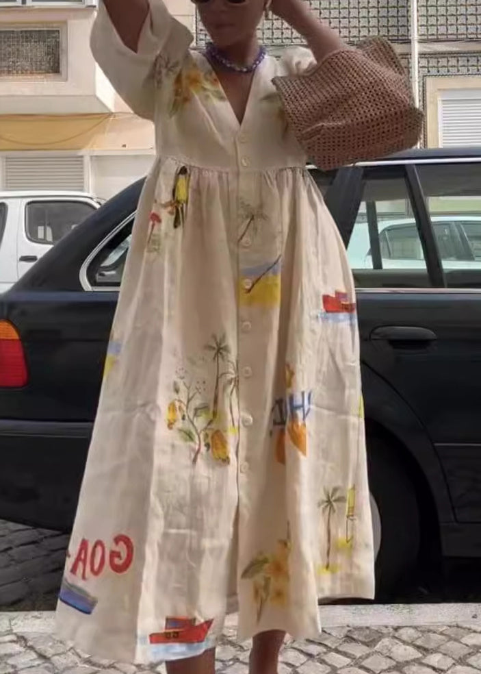 Unique White V Neck Print Button Cotton Long Dresses Summer