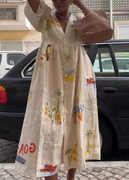 Unique White V Neck Print Button Cotton Long Dresses Summer