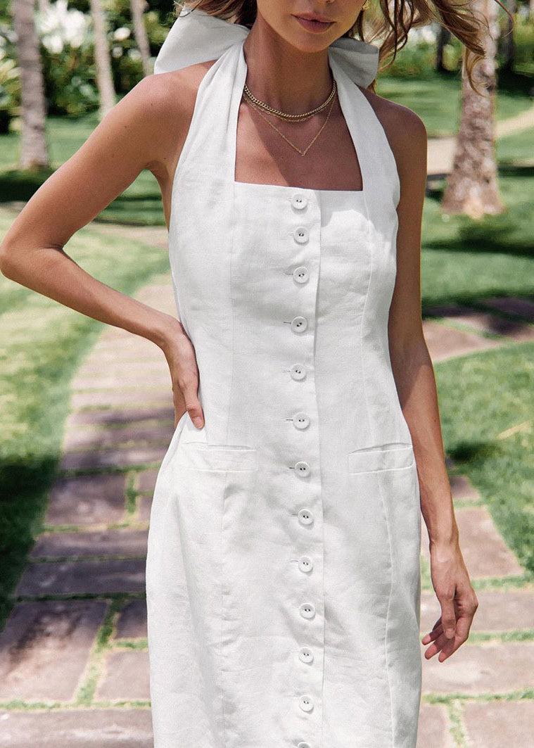 White Halter Pockets Button Backless Cotton Dresses Summer