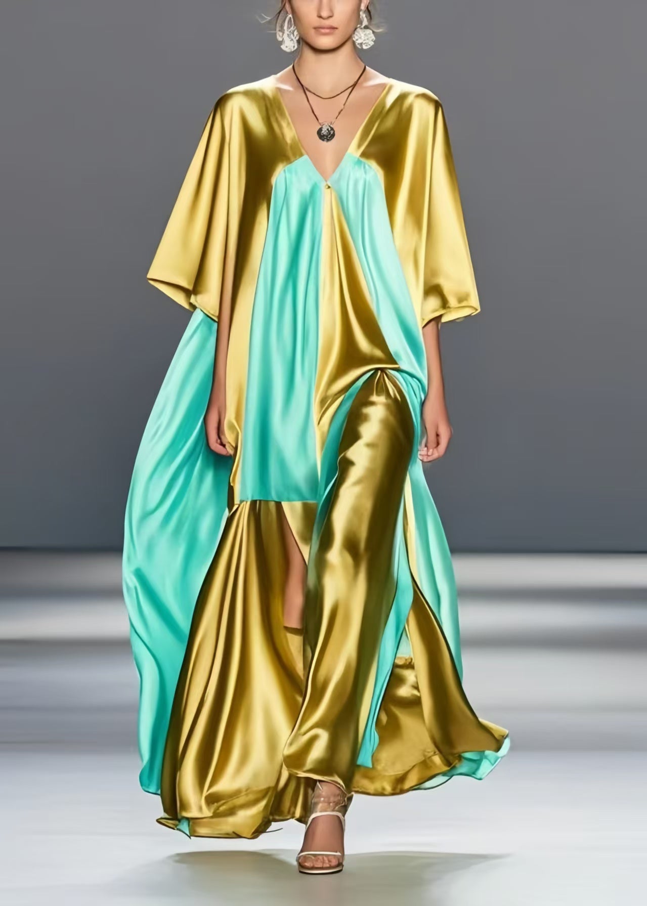Grass Green Asymmetrical Patchwork Silk Maxi Dresses Summer