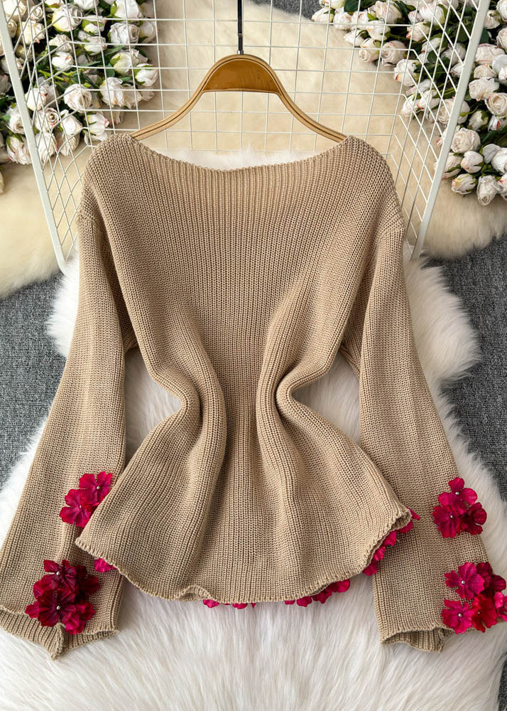 Stylish Khaki Slash Neck Cotton Knit Sweaters Winter