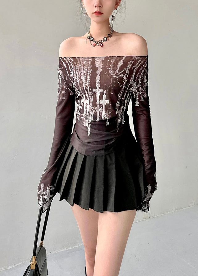 Black Slash Neck Print Tulle Top Fall