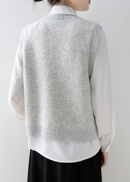Handmade Light Grey O Neck Knit Vest Sleeveless