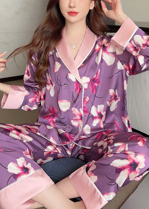 Purple Print Patchwork Ice Silk Pajamas Two Piece Set Spring