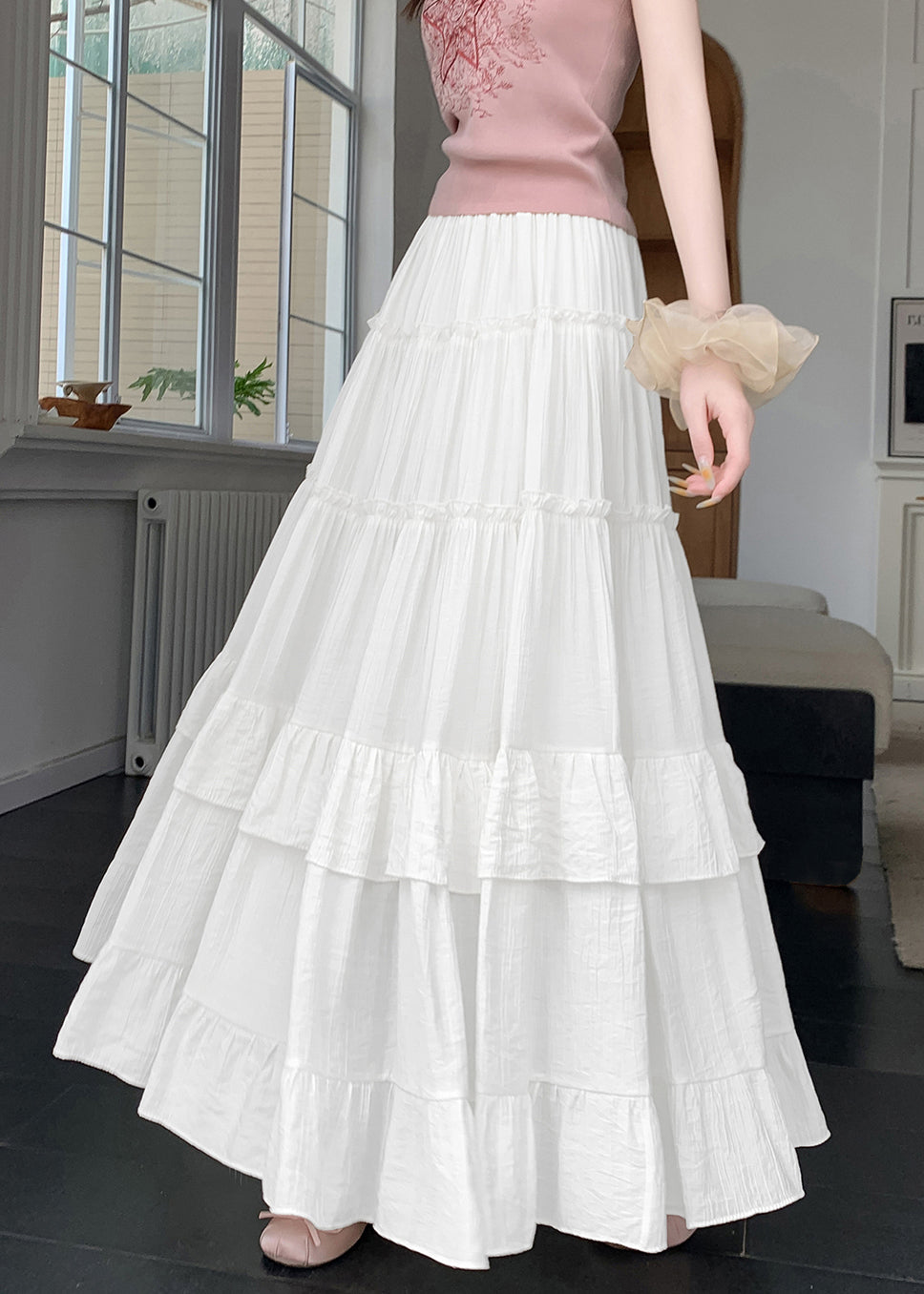 New White Wrinkled Patchwork Cotton a Line Skirts Summer