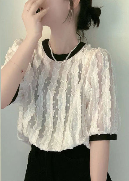 Apricot O-neck Ruffled Patchwork Chiffon Shirt Summer