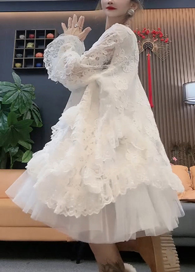 Style White O Neck Tulle Patchwork Lace Dresses Spring