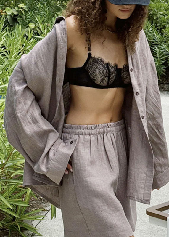 Grey Peter Pan Collar Shirts and Shorts Two Pieces Set Fall