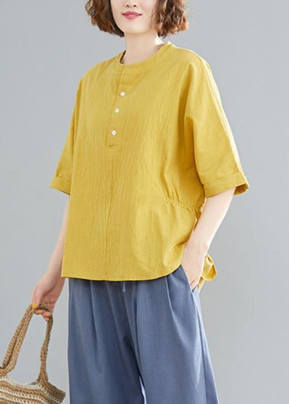 French Yellow Linen Cotton Linen Tops Blouses Cotton Button Down Elastic Waist Blouse