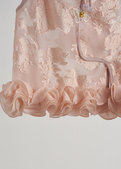Pink Ruffled Jacquard Silk Vest Sleeveless
