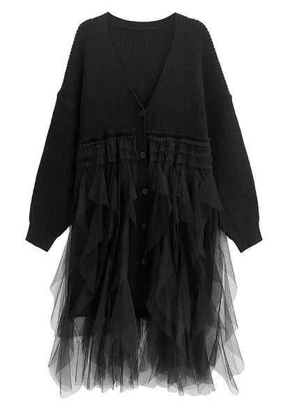 New Black V Neck Tulle Patchwork Cotton Knit Loose Cardigans Dresses Spring